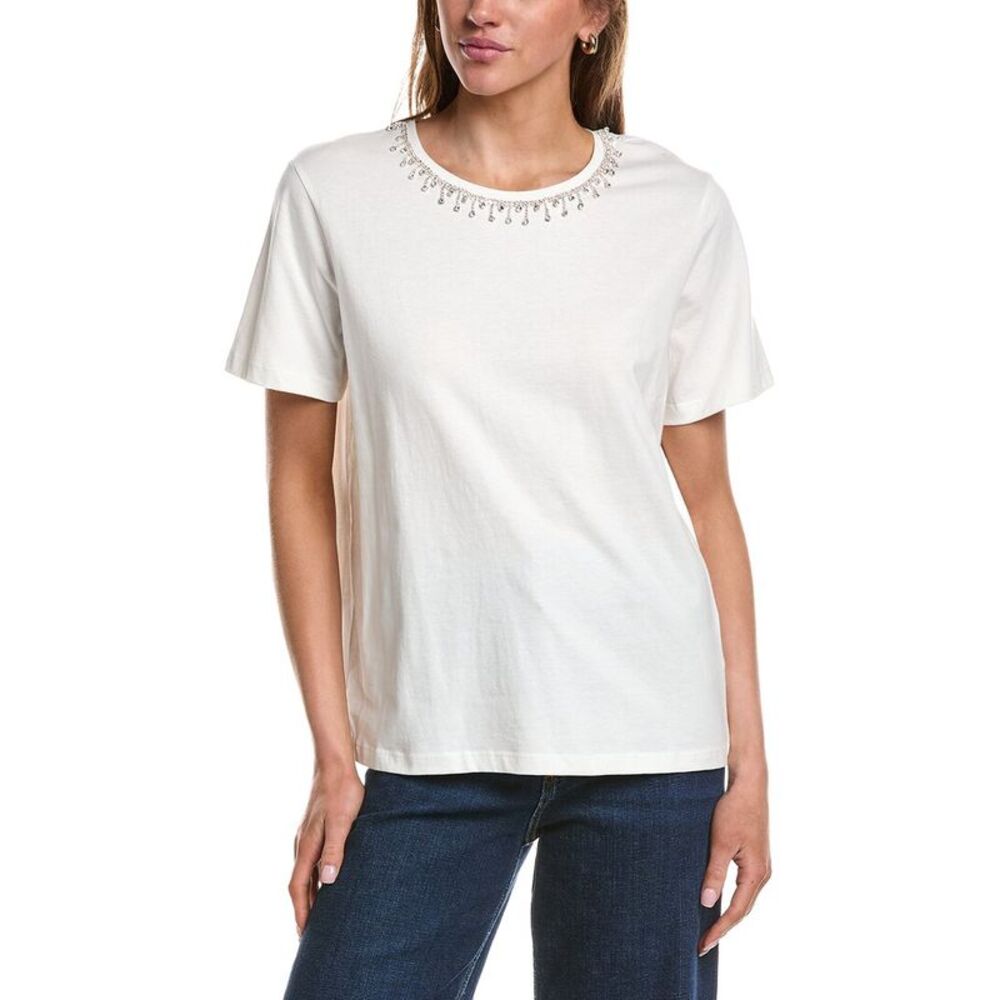 Ichi Womens  Runela Embellished Neck T-Shirt, White